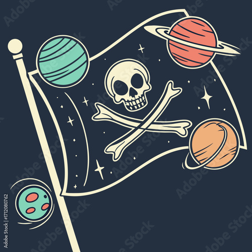 Vector art of space pirate flag with planets and skull, a symbol of cosmic adventure and exploration a futuristic and imaginative representation of interstellar travel