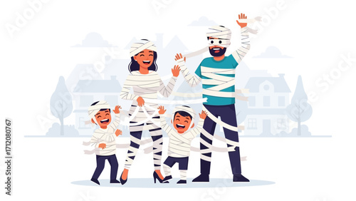 Halloween Mummy Family Fun: A lively family dressed as mummies joyfully celebrates Halloween in a delightful scene that captures the essence of spooky fun and togetherness. 