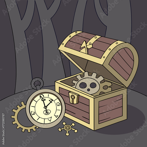 Vector art of steampunk treasure chest with gears and a pocket watch in a dark forest, creating a mysterious and adventurous atmosphere for fantasy and historical themes