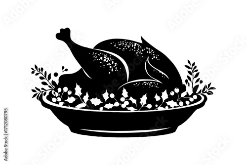 Roasted turkey silhouette on platter with berries and herbs, black graphic style on white background, concept of festive holiday dinner meal