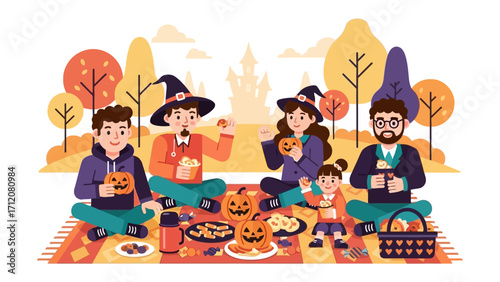 Halloween Family Picnic: A heartwarming family enjoys a festive Halloween picnic, surrounded by autumn foliage and the spooky charm of the season, capturing the spirit of togetherness and holiday fun.