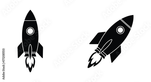 Two black rocket ship icons with flame trails simple vector design