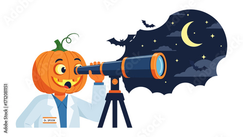 Pumpkin-Head Astronomer Exploring the Night Sky: An engaging illustration featuring a whimsical pumpkin-headed astronomer gazing through a telescope at a star-studded night sky.