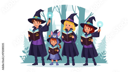 Magical Ensemble: A charming group of young witches stand together with their spell books and wands in the whimsical illustration with fairytale-like appeal.