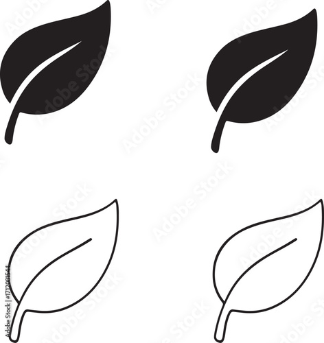 Green leaf icons, ecology icons, solid leaf, line leaf, filled leaf, thin stroke leaf, minimal black vector, isolated eco symbol, editable design