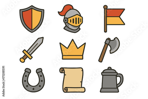 Medieval fantasy icon set. Knight RPG game assets. Cartoon vector illustration. Shield, sword, helmet, crown, axe, flag, scroll, horseshoe, tankard. Middle ages kingdom.