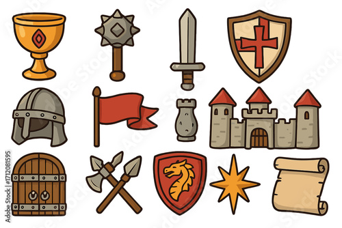 Medieval fantasy icon set. Cartoon vector illustration for RPG games. Knight armor, weapons, castle, and dragon shield. Kingdom assets collection for fantasy worlds.
