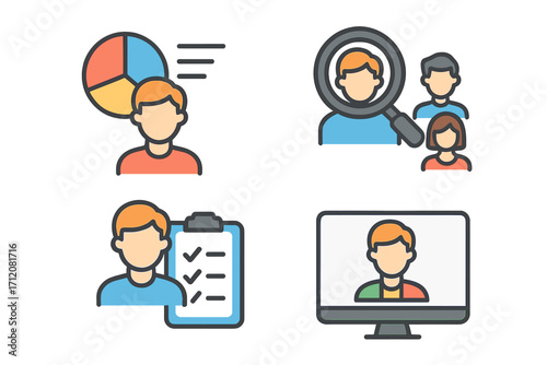 Vector optometry icons set with cartoon style, transparent background, eyeglass lens, vision test chart, eye exam checklist, virtual eye consultation, healthcare concept