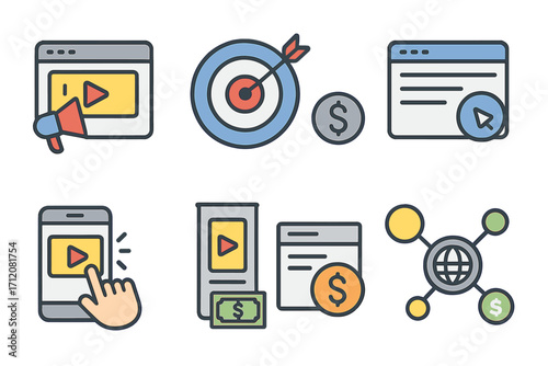 Paid media flat icons vector set, cartoon style digital marketing illustrations with play buttons, target, dollar signs, click actions, mobile ads, online advertising concepts transparent background