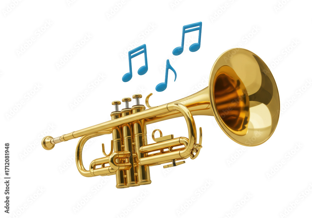 Obraz premium Isolated brass trumpet instrument with blue musical notes floating overhead, musical arts