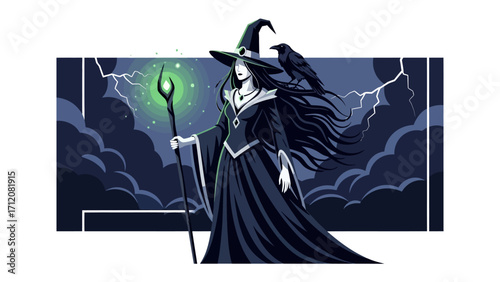 Mystical Witch: An enchanting depiction of a witch, adorned in a flowing black gown and witch hat, holding a glowing staff, with a raven perched on her shoulder.