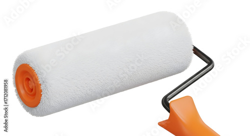 Close up of a white paint roller with orange handle and cap isolated on black isolated on transparent background