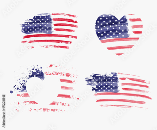 Set of different abstract grunge brushed flags of United States of America. USA national holiday decoration elements