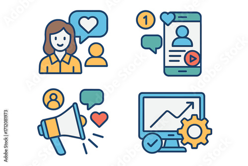 Social media management colorful line icons set, vector cartoon illustration with transparent background, user engagement, mobile notification, digital marketing megaphone, analytics screen