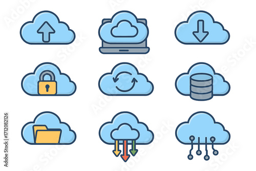 User experience icons vector set, cloud computing technology symbols, secure data upload and download, cloud storage with database, syncing, and network connection illustrations, cartoon style