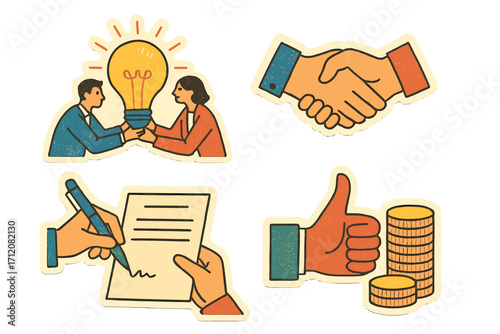 Vintage paper halftones collage business stickers set with teamwork concept, light bulb idea, handshake agreement, contract signing, and financial success symbols in retro style
