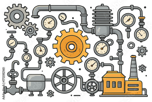 Industrial machinery gears and pipes with pressure gauges. Vector cartoon illustration of mechanical factory equipment, machine components, valves, and industrial system schematic.