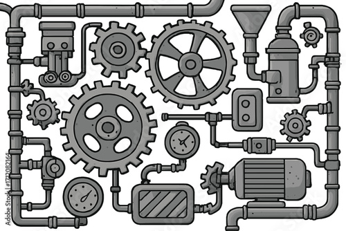 Industrial steampunk machine parts vector collection with gears, pipes, valves, motor, and mechanical engineering elements in monochrome design, vintage mechanical set
