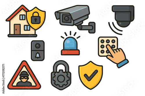 Set of residential security icons with surveillance cameras, alarm system, keypad access, padlock, thief warning, shield protection, and video doorbell, cartoon vector illustration