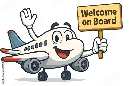 Friendly cartoon airplane character holding a wooden sign with "Welcome on Board" message, cheerful aviation concept, travel and hospitality illustration