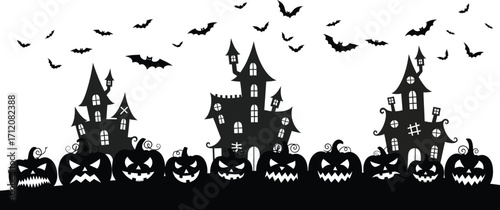 Spooky Halloween scene with haunted castles and grinning jack-o'-lanterns under a sky filled with bats