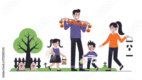 Family Fun Halloween Celebration: A vibrant family is ready for Halloween. They are carrying decorations and filled with excitement and cheer. The children are dressed up.