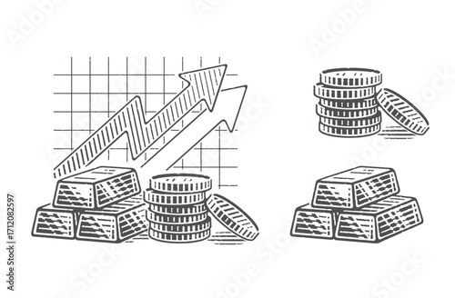 Gold bars and investment coins  and chart on a financial exchange. Investments. Vector illustration in engraving style.