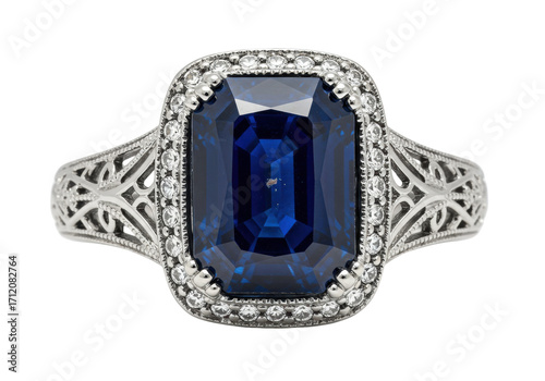 Konstfotografi Isolated blue emerald-cut sapphire ring featuring halo of round cut diamonds and