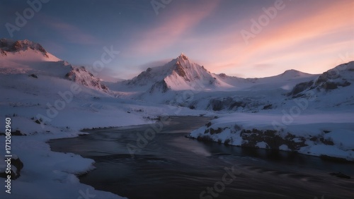 winter starry sky snow mountain river