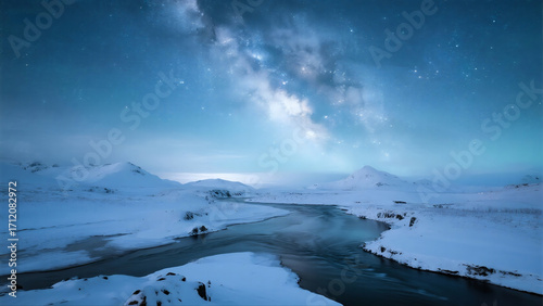 winter starry sky snow mountain river