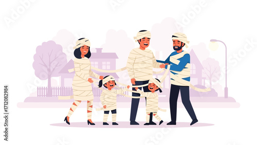 Spooky Family in Costumes: A family, donned in creative mummy costumes, strolling merrily through the streets of a neighborhood on a lovely autumn day.