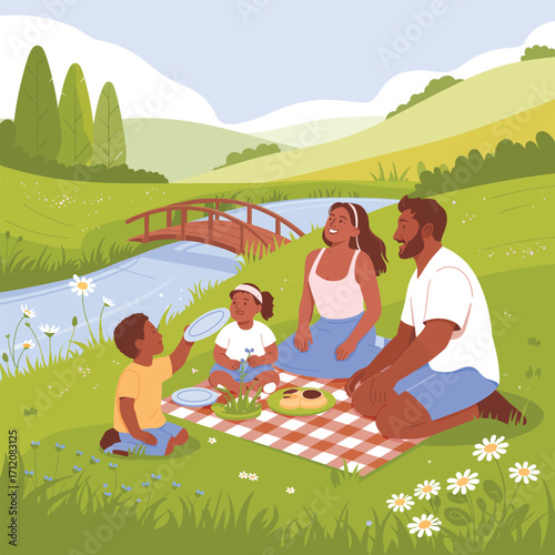 Family enjoying a picnic by a stream in a lush green landscape Keywords: family, picnic, stream