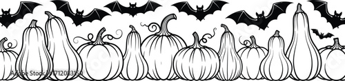 Whimsical Halloween border with assorted pumpkins and flying bats