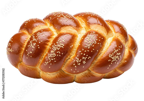 Isolated braided challah bread, festive baked sweet food for celebration and holidays, fresh loaf