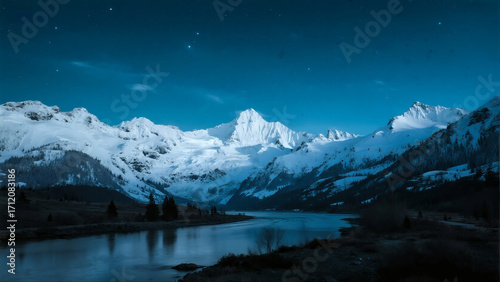 Winter starry sky snow mountain river