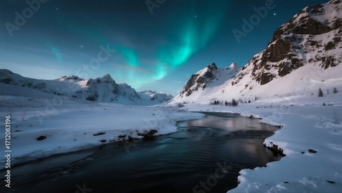 Winter starry sky aurora snow mountain river