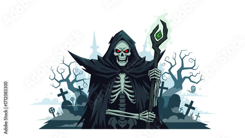 Grim Reaper in Graveyard: A chilling illustration of the Grim Reaper, cloaked in black and holding a mystical staff, stands in a haunting graveyard, amidst gnarled trees and looming tombstones.