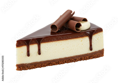 Quadro em tela Isolated slice of chocolate cheesecake with ganache, chocolate curls, rich decad