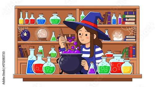 Magical Brew: An enchanting witch brews a mystical potion in a cauldron, surrounded by bubbling bottles and mystical ingredients, bringing the mystical atmosphere to life.