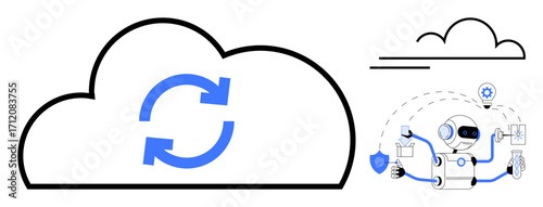 Cloud outline with synchronization arrows, robot performing tasks with tools and charts. Ideal for technology, AI, automation, cloud computing, data management, workflow software development. Simple