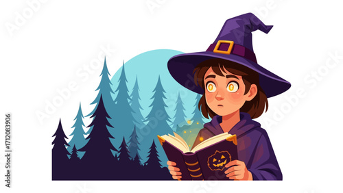 Magical Witch Reading Spellbook: A young witch, adorned in a pointed hat and cloak, delves into an ancient spellbook, casting a magical aura against a backdrop of a mystical forest scene.