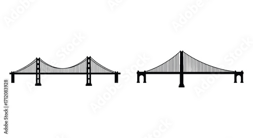 Simple black and white illustration depicting two suspension bridge designs