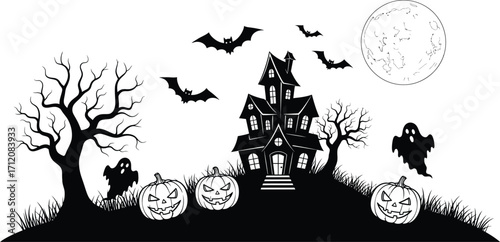 Spooky Halloween scene with haunted house, jack-o'-lanterns, ghosts, and bats under a full moon