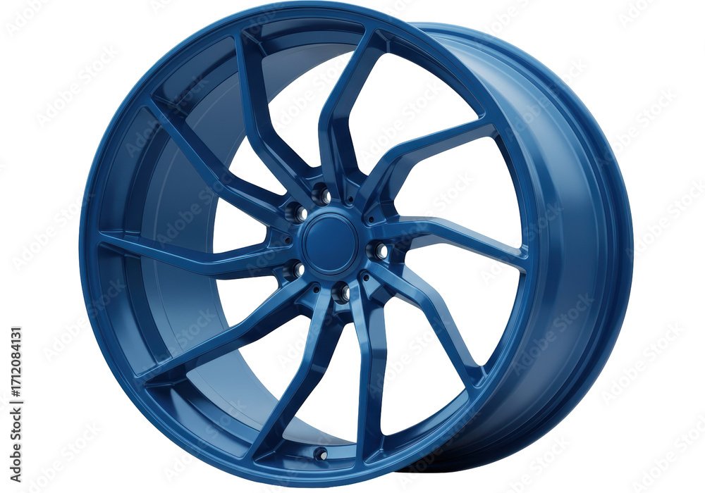 Obraz premium Isolated, blue car wheel with ten curved spokes is on display at a slight angle here