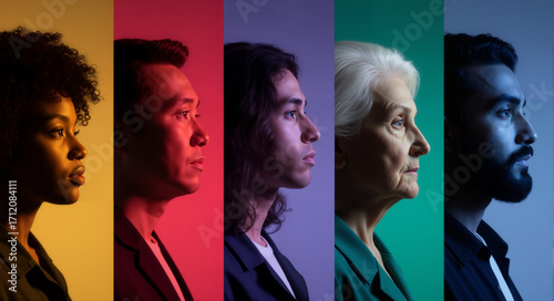 The conceptual representation of human life stages and diversity features five individuals from diverse racial backgrounds and age groups, each bathed in a distinct, vivid gel-like light band