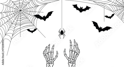 Spooky Halloween scene with spiderwebs, bats, and skeleton hands reaching out