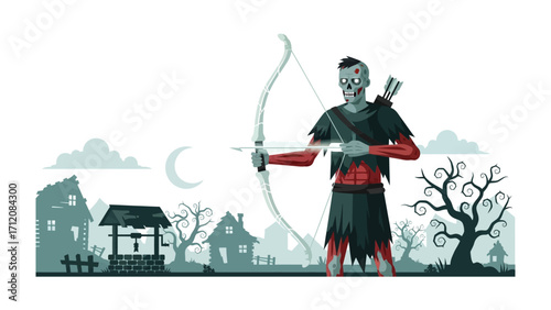 Spooky Archer in Haunted Town: A skeletal archer draws back their bow, amidst a spooky town scene, with ominous trees and a moonlit sky, setting the stage for a night of thrill.