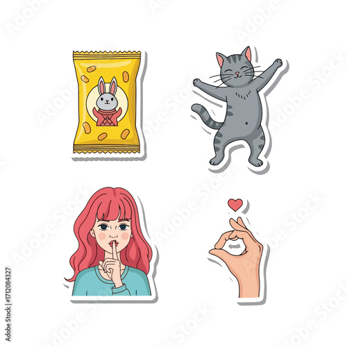 Cute Stickers Set Cat Girl Snack and Heart Hand Gesture Kawaii Cartoon Illustrations