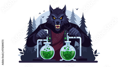 Werewolf's Concoction: A chilling, digitally crafted illustration of a werewolf masterfully mixing mysterious potions in a shadowy forest setting.