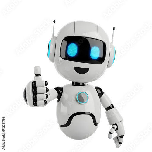 White Robot with Blue Eyes Giving Thumbs Up - AI Approval, Friendly Service, Positive Support, Digital Aid